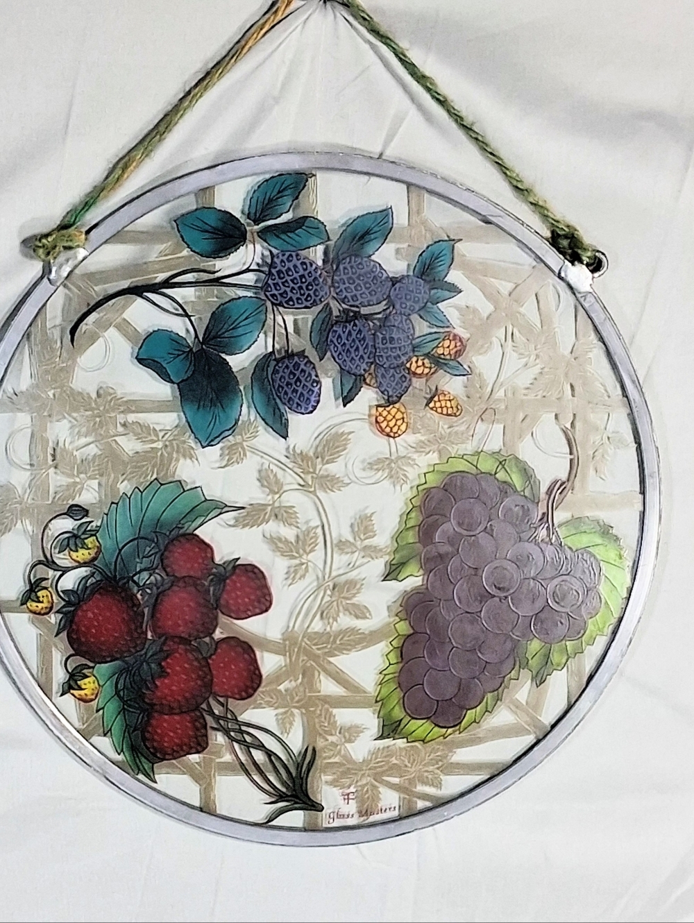 Glassmasters Vintage 8.5" Enameled Stained Glass Berries and Grapes Suncatcher